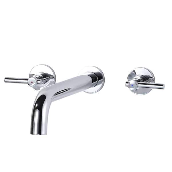 Modern Double Handle Solid Brass Wall Mount Roman Tub Faucet with High Flow Rate Spout in Polished Chrome