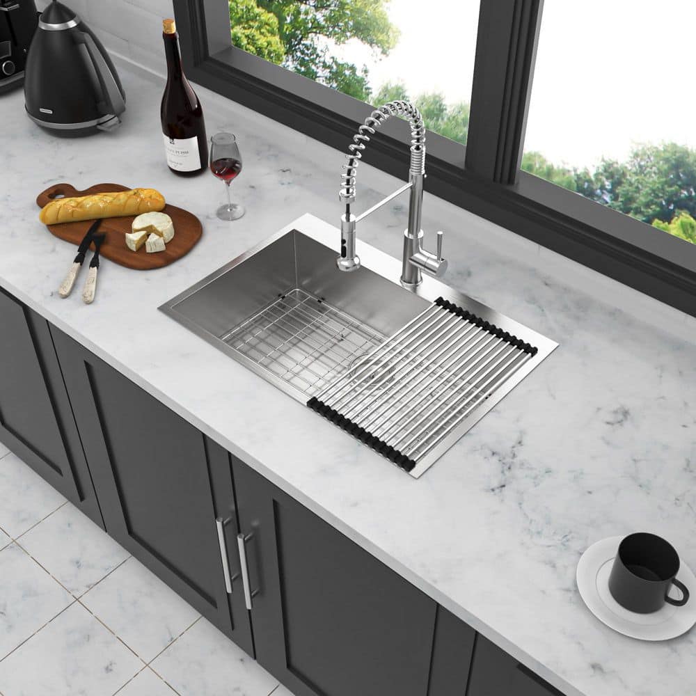 33 in. Drop in Single Bowl 18-Gauge Brushed Nickel Stainless Steel Kitchen 