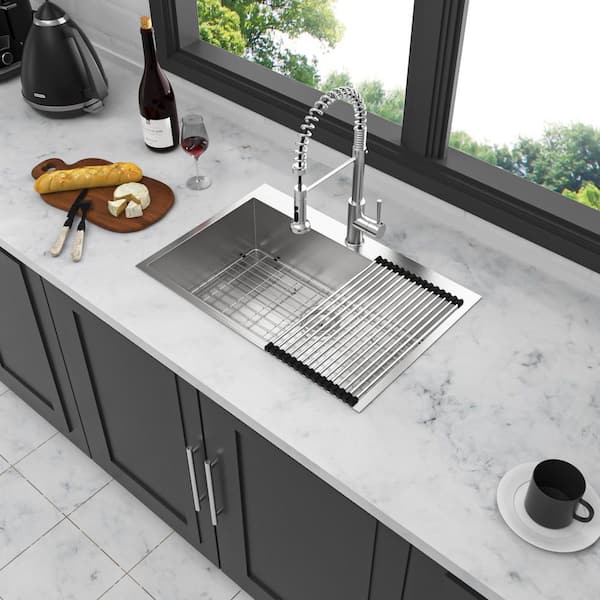 33 in. Drop in Single Bowl 18-Gauge Brushed Nickel Stainless Steel Kitchen Sink with Bottom Grids