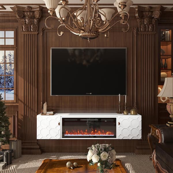 Clihome White 67 in. TV Stand Fits TV's up to 60 to 80 in. with 36 in. Electric Fireplace