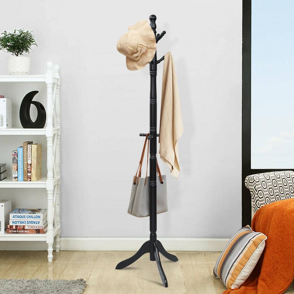 Adjustable Black Rubber Wood Coat Rack with 9 Hooks