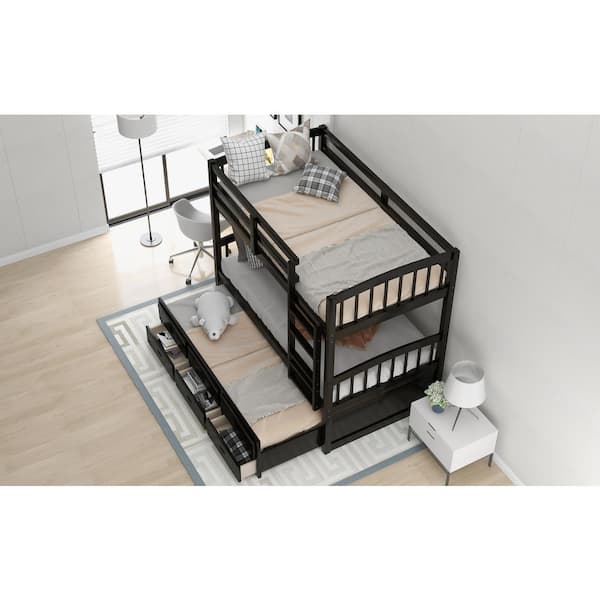 Espresso Twin Over Twin Bunk Bed with Ladder and Storage Drawers, Wood Bunk Bed with Safety Rail and Trundle for Kids