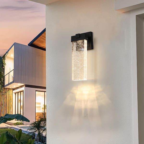 12 in. Dusk to Dawn Bubble Glass Integrated LED Black Hardwired Aluminum Outdoor Wall Light Sconce(2-Pack)