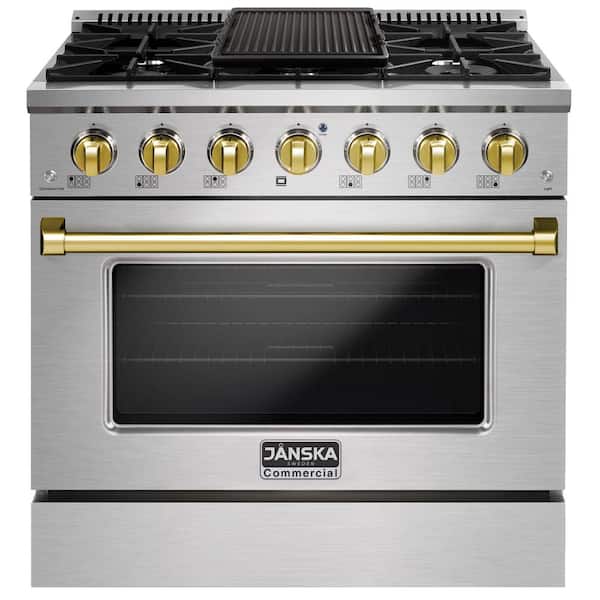 JANSKA 36 in. 5.2 cu. ft. 6-Burners Gas Range, Convection Oven, Griddle with Gold Knobs and Handle in Stainless Steel