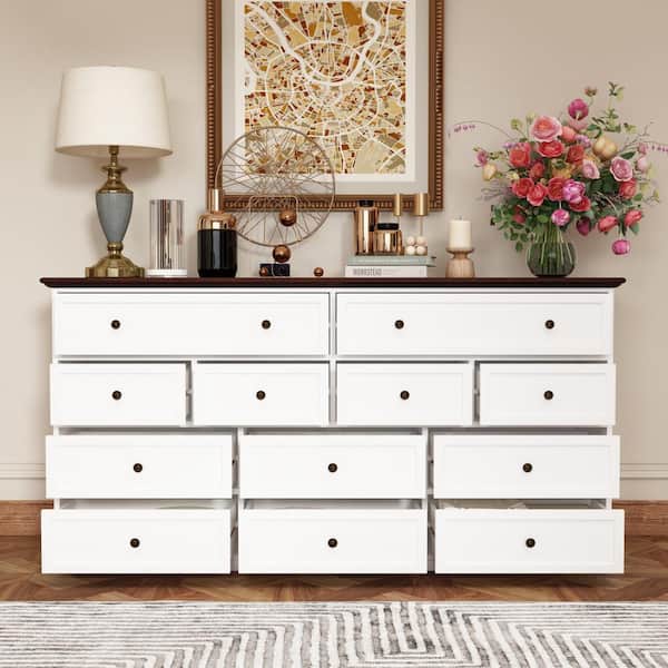 12-Drawer White Wood Chest of Drawer Sideboard Console Table Vintage Style 31.5 in. H x 61 in. W x 15.7 in. D