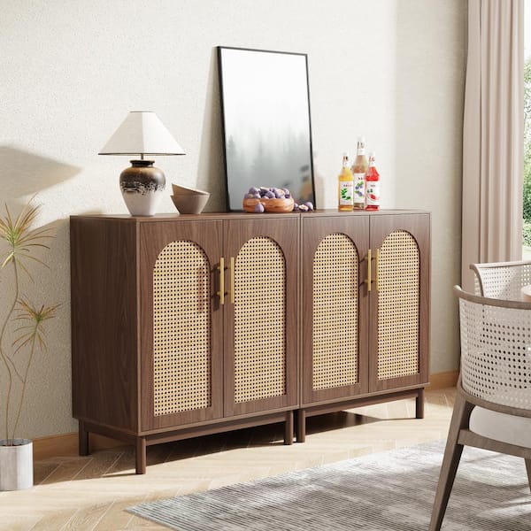 Alan Brown Wood 59 in. Sideboard Buffet with Storage 2-Shelf and 4-Doors for Dining Room Living Room Kitchen (Set of 2)