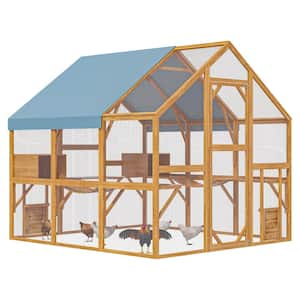 73.3 in x 73.9 in 110.2 in Large Wooden Outdoor Hen House with Run for Chickens, Log