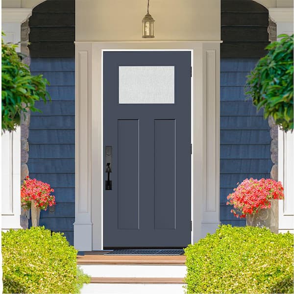 Legacy 36 in. x 80 in. Universal Handing 1/4 Top lite Rain Glass Primed Dark Denim Finish Fiberglass Front Door Slab