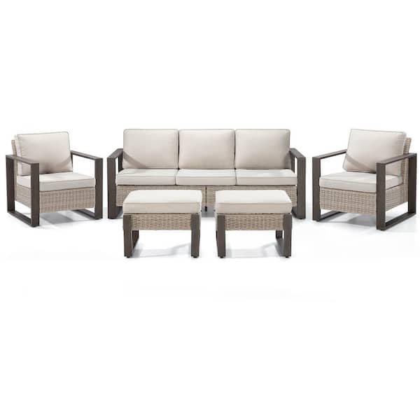5-Person Wicker Outdoor Patio Conversation Set Rectangular Framed with Beige Cushions