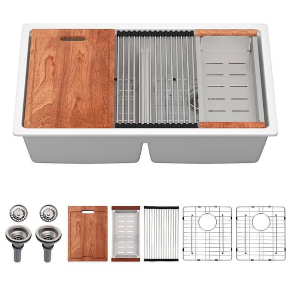 33 in. x 19 in. White Undermount Double Bowl Quartz Composite Workstation Kitchen Sink with Bottom Grids