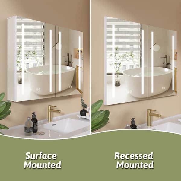 Zeafive 60 in. W x 30 in. H Recessed/Surface Mount Rectangular 3-Doors White Bathroom Medicine Cabinet with Mirrors LED Lights VB-N60LLR-W Zeafive 60 in. W x 30 in. H Recessed/Surface Mount Rectangular 3-Doors White Bathroom Medicine Cabinet with Mirrors LED Lights VB-N60LLR-W