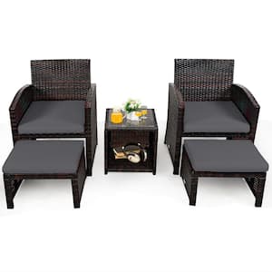 5-Piece Wicker Patio Conversation Set with Gray Cushions Sofa Coffee Table Ottoman