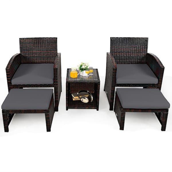 Costway 5-Piece Wicker Patio Conversation Set with Gray Cushions Sofa Coffee Table Ottoman