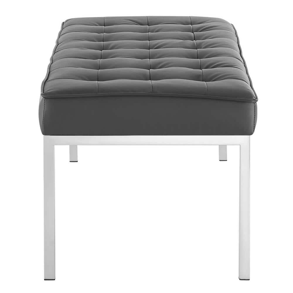 Silver Gray Tufted Faux Leather Bench with Stainless Steel Legs