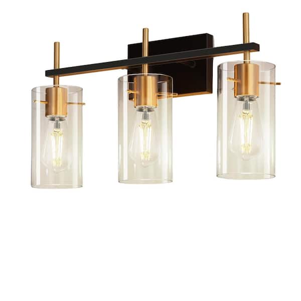 Briignite 20 in. 3-Light Black and Gold Metal LED Vanity Light with Clear Glass Shades, Modern Bathroom Lighting