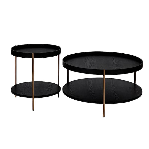 Sudzendf Matt Black MDF Round Outdoor Side Table 2-Piece