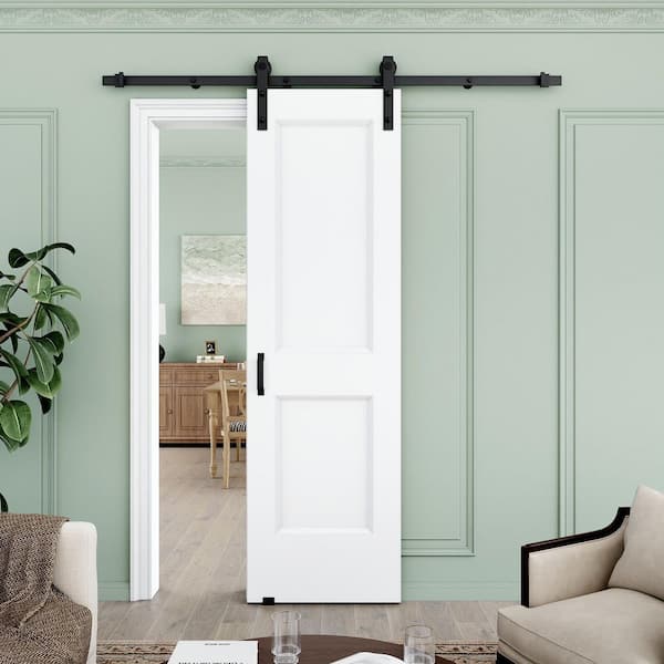 24 in. x 80 in. H Shape White Primed MDF Easy Install Sliding Barn Door with Hardware Kit Handle Included for Bathroom