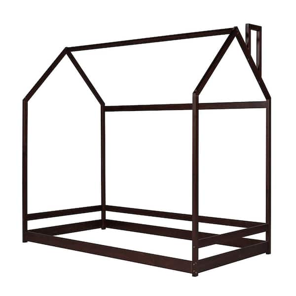 Espresso Twin Size Wooden House Bed House Shape Floor Bed Frame Wood House Bed for Boys and Girls