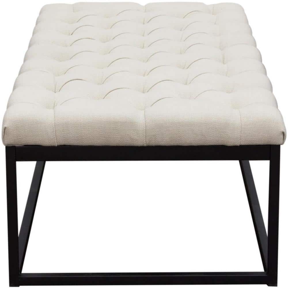 Large Beige Linen Upholstered Bench with Black Metal Base