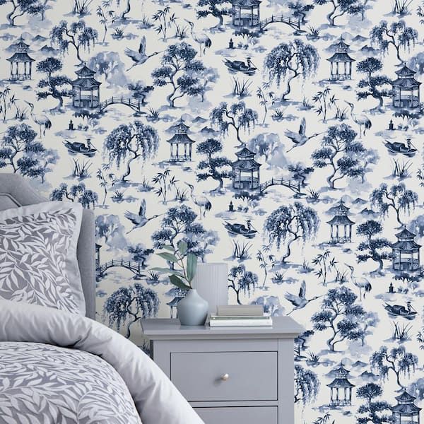 Blue Oriental Scene Peel and Stick Wallpaper Sample