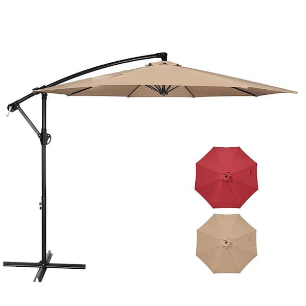Unbranded 10 ft. Cantilever Metal Offset Outdoor Patio Umbrella in Tan with Crank and Cross Base