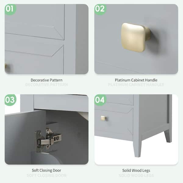 20 in. Freestanding Gray Bath Vanity with White Ceramic Sink Top with Soft Closing Door, Storage Rack and Drawer