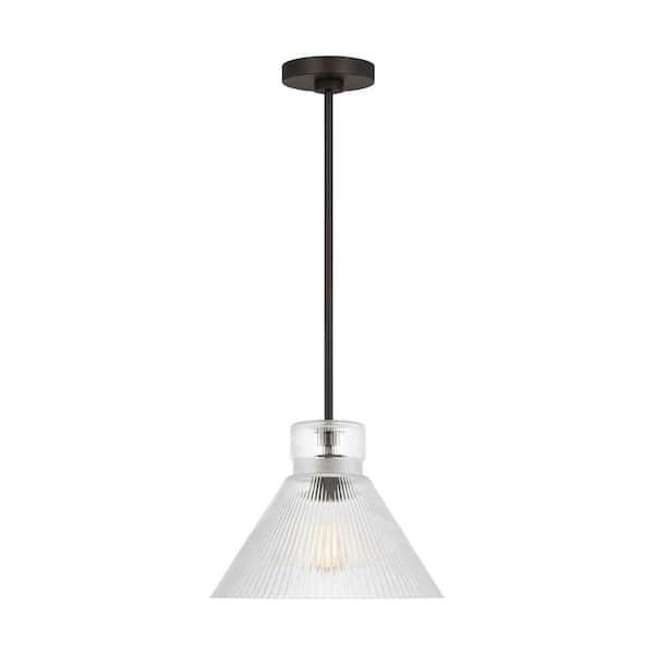 Generation Lighting - Liouet 12 in. W x 9 in. H 1-Light Midnight Black Transitional Pendant Light with Clear Ribbed Glass Shade