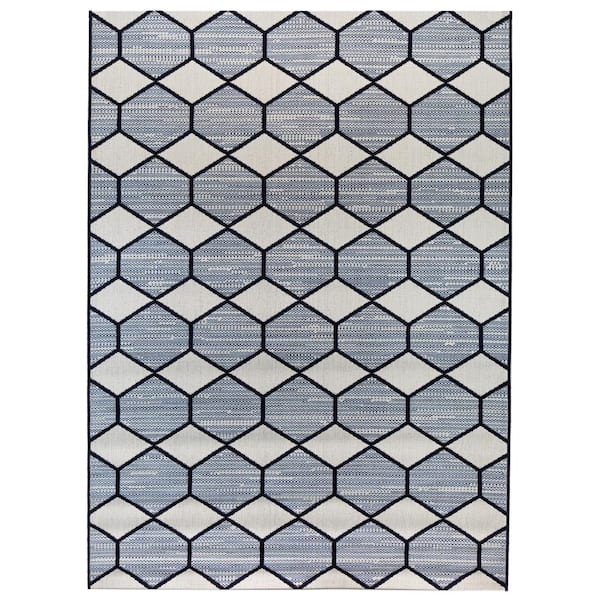 Hampton Bay Denim Block Light Blue 5 ft. x 7 ft. Indoor/Outdoor Patio Area Rug