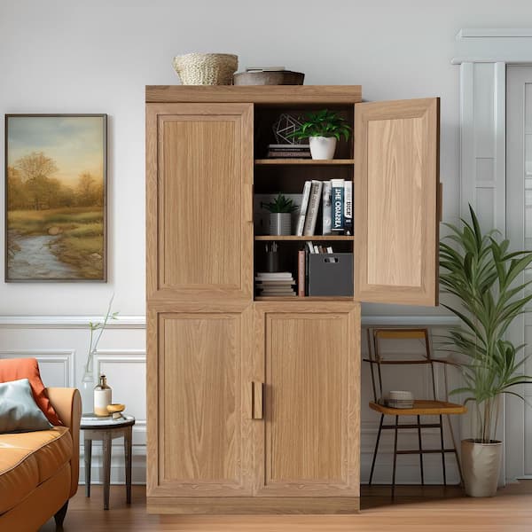 Natural Wood 31 in. W x 62 in. H Classic Kitchen Pantry Cabinet with Doors and Adjustable Shelves