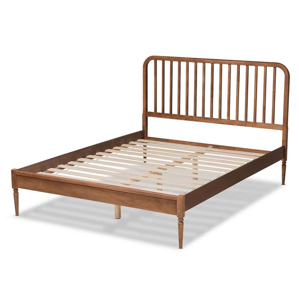Walnut Brown Wood Queen Platform Bed with Tufted Upholstered Headboard
