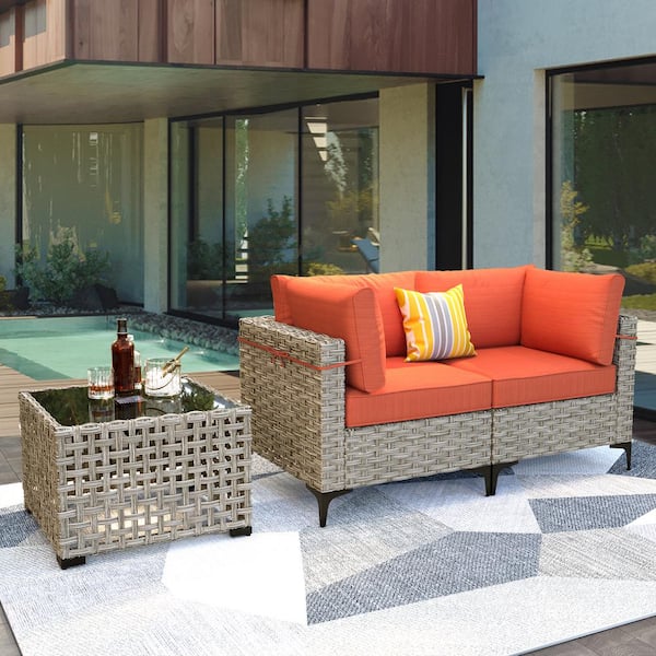 OVIOS Supery Gray 3-Piece Wicker Patio Conversation Set with Orange Red Cushions and Coffee Table