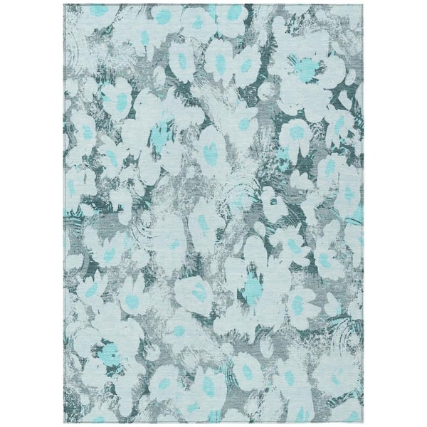 HomeRoots Teal 10 ft. x 14 ft. Woven Floral Rectangle Indoor/Outdoor Area Rug