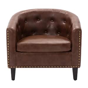 Brown PU Leather Tufted Barrel Chair for Living Room (Set of 1)