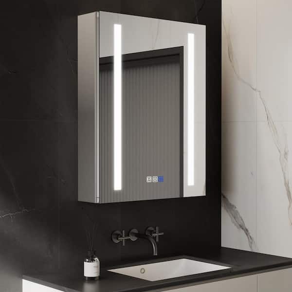 GroGro Glare 20 in. W x 26 in. H Rectangular Aluminum Recessed/Surface Mount Right Open Medicine Cabinet with Mirror LED