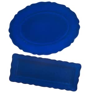 14 in Blue Indigo Crackle 2-Piece Blue Melamine Platter Set