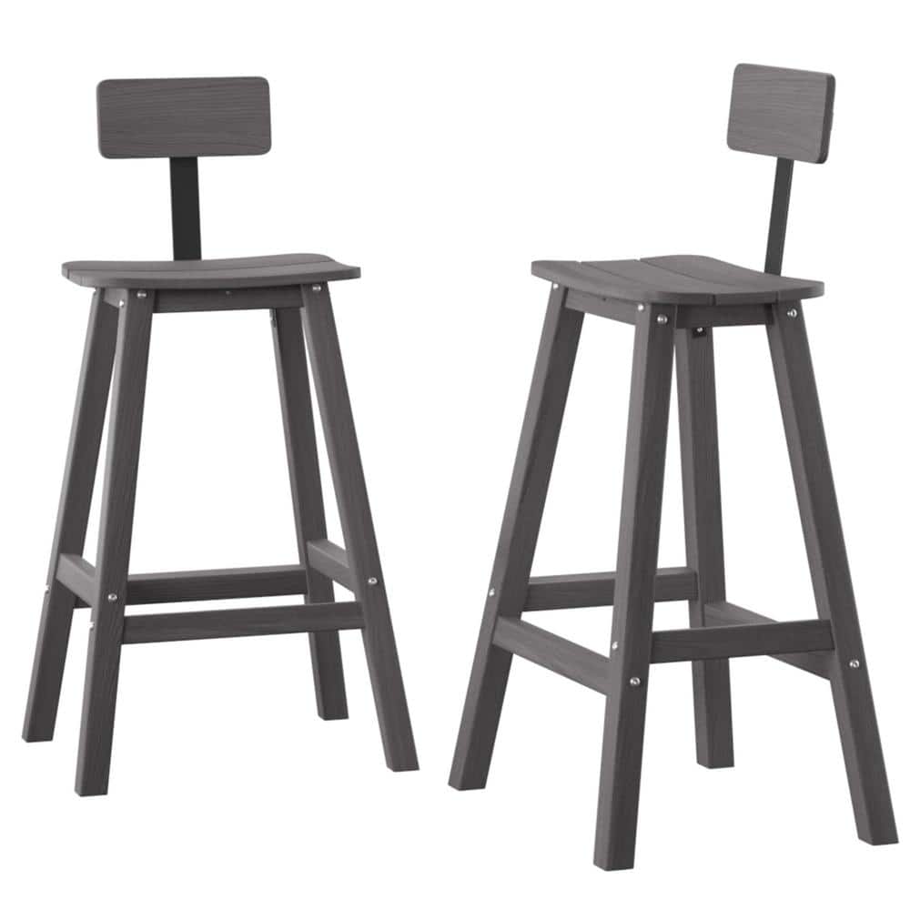 2-Piece Grey HDPE Plastic Outdoor Bar Stools Set, All Weather Bar Height Ch