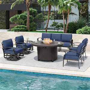 7-Piece Outdoor Aluminum Patio Conversation Set, with 2 Swivel Rocking Chairs and Round Fire Pit Table, Navy Cushions
