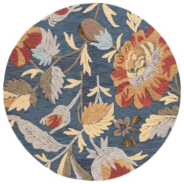 Blossom 6 ft. x 6 ft. Navy/Red Garden Floral Round Area Rug