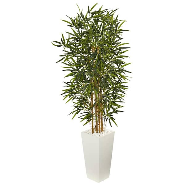 Nearly Natural 5.5 in. Bamboo Artificial Tree in White Tower Planter