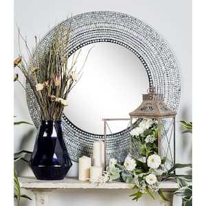 39 in. x 39 in. Handmade Mosaic Round Framed Gray Wall Mirror