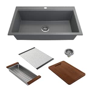 Baveno Lux Concrete Gray Granite Composite 34 in. Single Bowl Drop-In/Undermount Kitchen Sink w/Integrated WS & Acc