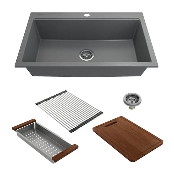 BOCCHI Baveno Lux Concrete Gray Granite Composite 34 in. Single Bowl Drop-In/Undermount Kitchen Sink w/Integrated WS & Acc