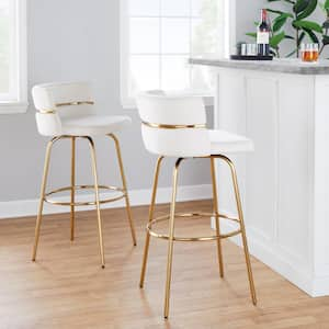 Cinch Claire 29.5 in. Cream Velvet and Gold Metal Fixed-Height Bar Stool with Round Footrest (Set of 2)