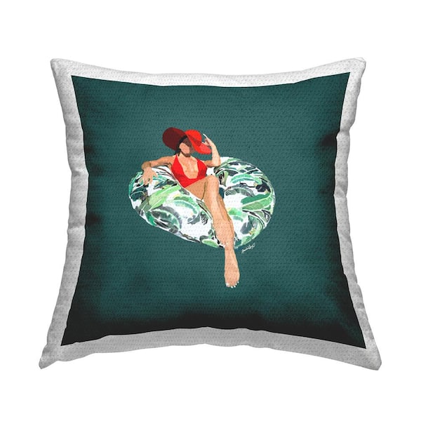 Stupell Industries Chic Stylish Woman Pool Float Green Square Outdoor Throw Pillow