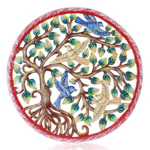 Steel Red Ringed Tree Blowing with Birds in Flight Haitian Drum Wall Art