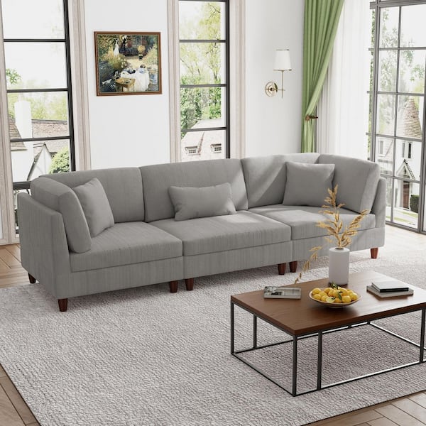 Uixe 112.1 in. Straight Arm 3-Piece Corduroy Upholstered 3-Seater Sectional Sofa in Light Gray