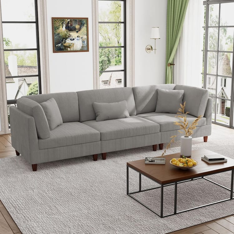 Uixe 112.1 in. Straight Arm 3-Piece Corduroy Upholstered 3-Seater Sectional Sofa in Light Gray