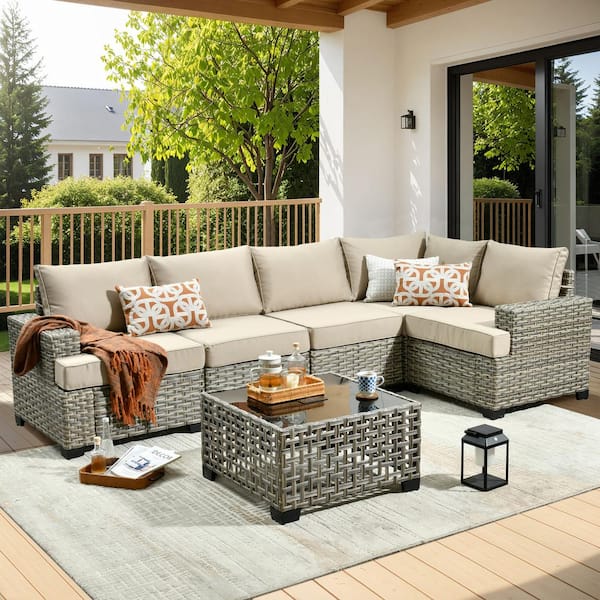 OVIOS Tiberte Gray 6-Piece Wicker Patio Conversation Seating Set with Beige Cushions