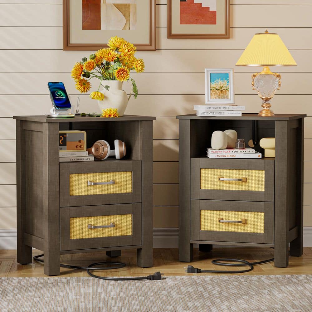 Rattan Nightstand with Charging Station, End Table with 2-Storage Drawers and 1-Open Shelf, for Bedroom, Vintage Gray