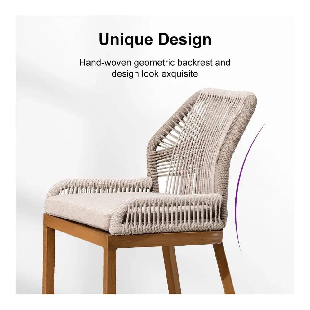 Side view of a modern aluminum twill wicker woven bar stool highlighting the geometric backrest.